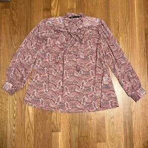 Zara Women's Blouse Pink Multicolor Paisley V-Neck‎ Tie Long Sleeve Shirt Top S
